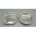 A square silver pin dish, 47g and a circular silver pin dish, 48g