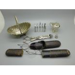 A small white metal toast rack, two pairs of early spectacles, cased, one pair marked Taylor,