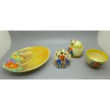 Clarice Cliff Crocus Bizarre bowl, beehive honey pot, flower stand and a Clarice Cliff honey glaze