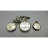 A silver Albert chain and three pocket/fob watches