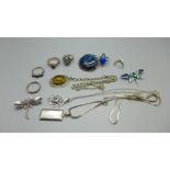 Silver jewellery, one Ruskin style brooch, six rings, pendants and chains, etc.