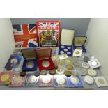 A collection of commemorative coins, medallions and other coins