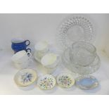 Royal Crown Derby cups and saucers, Wedgwood and two Denby cups, two crystal bowls and a plate **