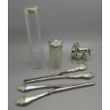 Two silver topped glass jars, one top a/f, two pairs of silver handled glove stretchers and horse