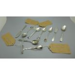 A collection of silver spoons, etc., 125g