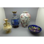 A Doulton Lambeth stoneware vase, a Doulton Burslem vase, a Moorcroft small bowl, all a/f and an