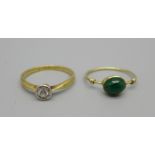 An 18ct gold and platinum set ring, mark worn, 1.8g, N, and a 9ct gold and malachite ring, 0.7g, L