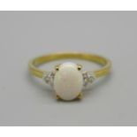 A 9ct gold, opal solitaire ring with diamond shoulders, 2g, P