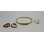 A '9ct metal core' bangle, a ring a/f, and a pair of earrings