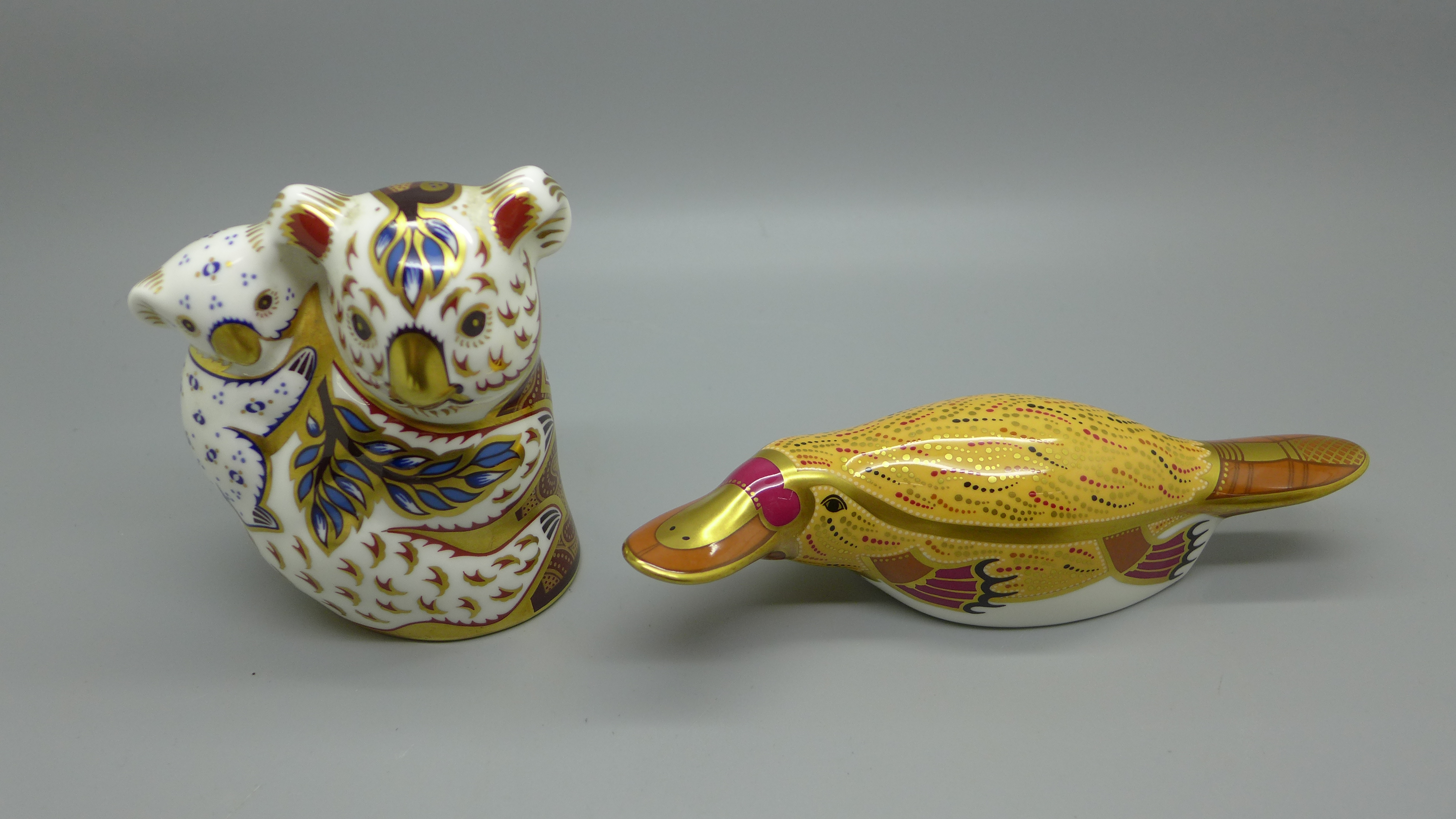 Two Royal Crown Derby paperweights - Australian Collection, Koala and Baby and Duck Billed