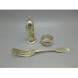 A silver pepperette, a silver napkin ring and a Victorian silver fork, 95g