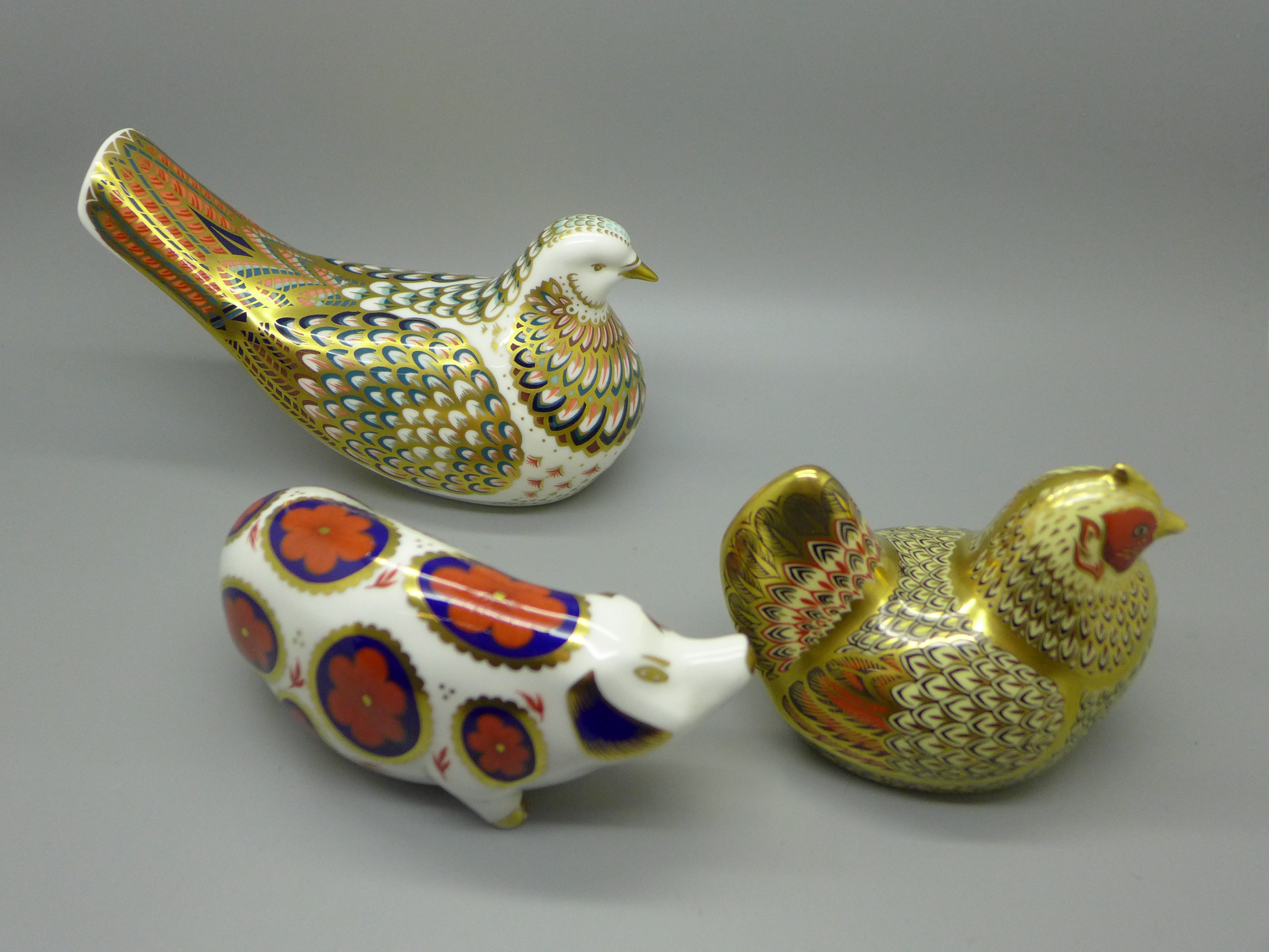 Three Royal Crown Derby paperweights - Farmyard Hen, 3,155 of 5,000, gold stopper, signed and - Image 2 of 4