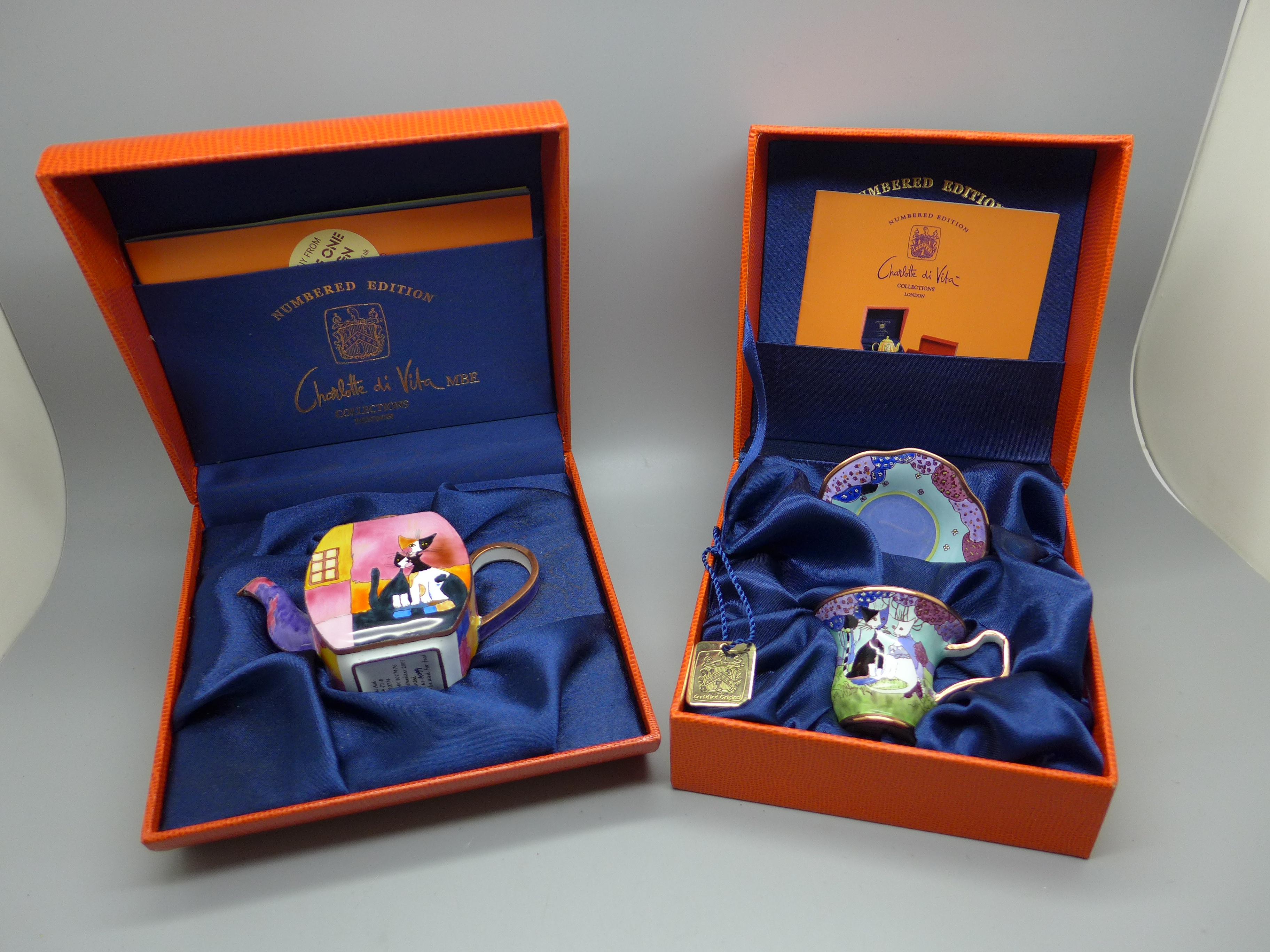 A Charlotte di Vita miniature teapot, cup and saucer, both designed by Rosina Wachtmeister, with