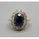 A yellow metal, diamond and sapphire ring, 6g, P, ring top approximately 12mm x 15mm