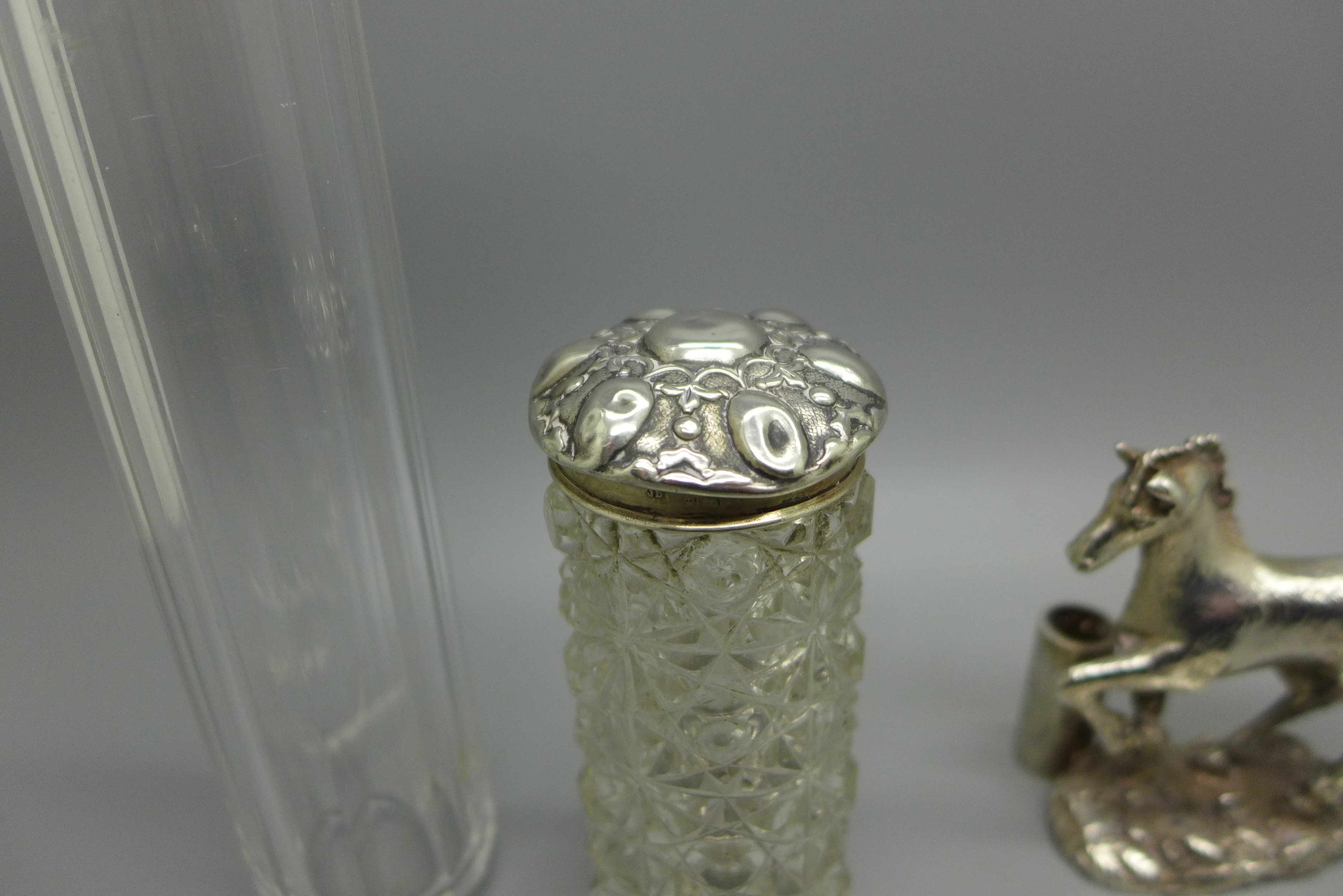 Two silver topped glass jars, one top a/f, two pairs of silver handled glove stretchers and horse - Image 3 of 5
