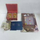 Mixed foreign coins, two stamp sets, History of the Monarchy and The Jubilee Issue of Queen
