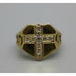 A 9ct gold ring with stone set cross detail, 4.8g, T