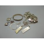 Silver jewellery including a charm bracelet, two ingot pendants and a bangle, total weight 231g, (