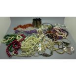 A collection of semi-precious stone jewellery, pearl jewellery and shell jewellery