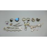 A collection of silver and silver mounted jewellery