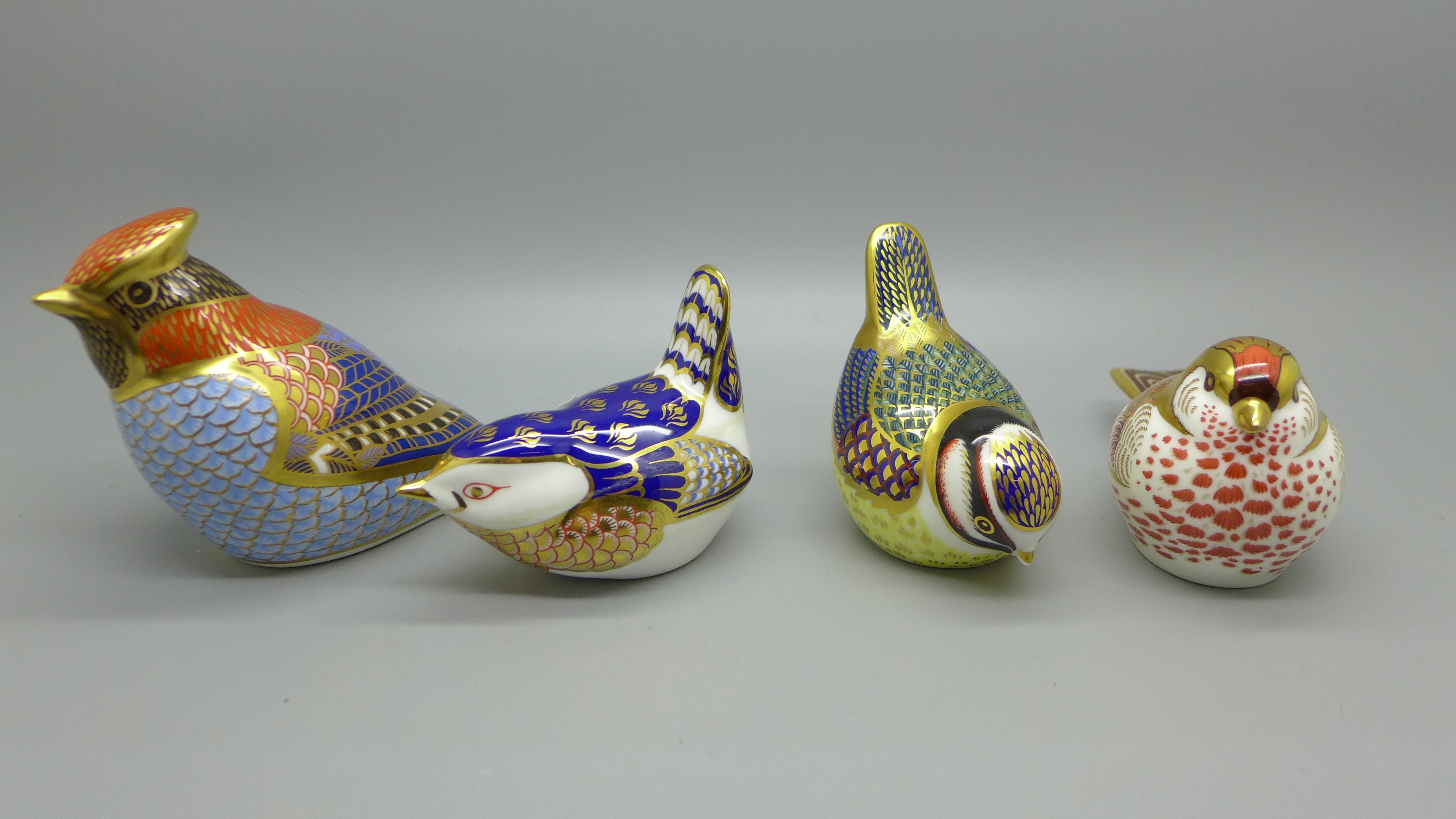 Four Royal Crown Derby paperweights - Waxwing, modelled by Robert Jefferson with decoration by