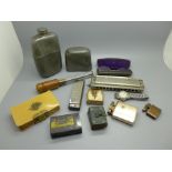 Assorted items including cigarette lighters, two Hohner harmonicas, etc.