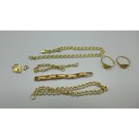 A collection of 9ct gold and yellow metal jewellery, a/f, for scrap, 23g