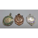 Three cricket fobs including one silver and enamel Selby Cricket, enamel a/f