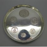 A silver tray inlaid with silver coins, United Kingdom Coinage Memorabilia, 327g