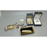 Jewellery including 9ct gold earrings, a silver gilt ring, etc.