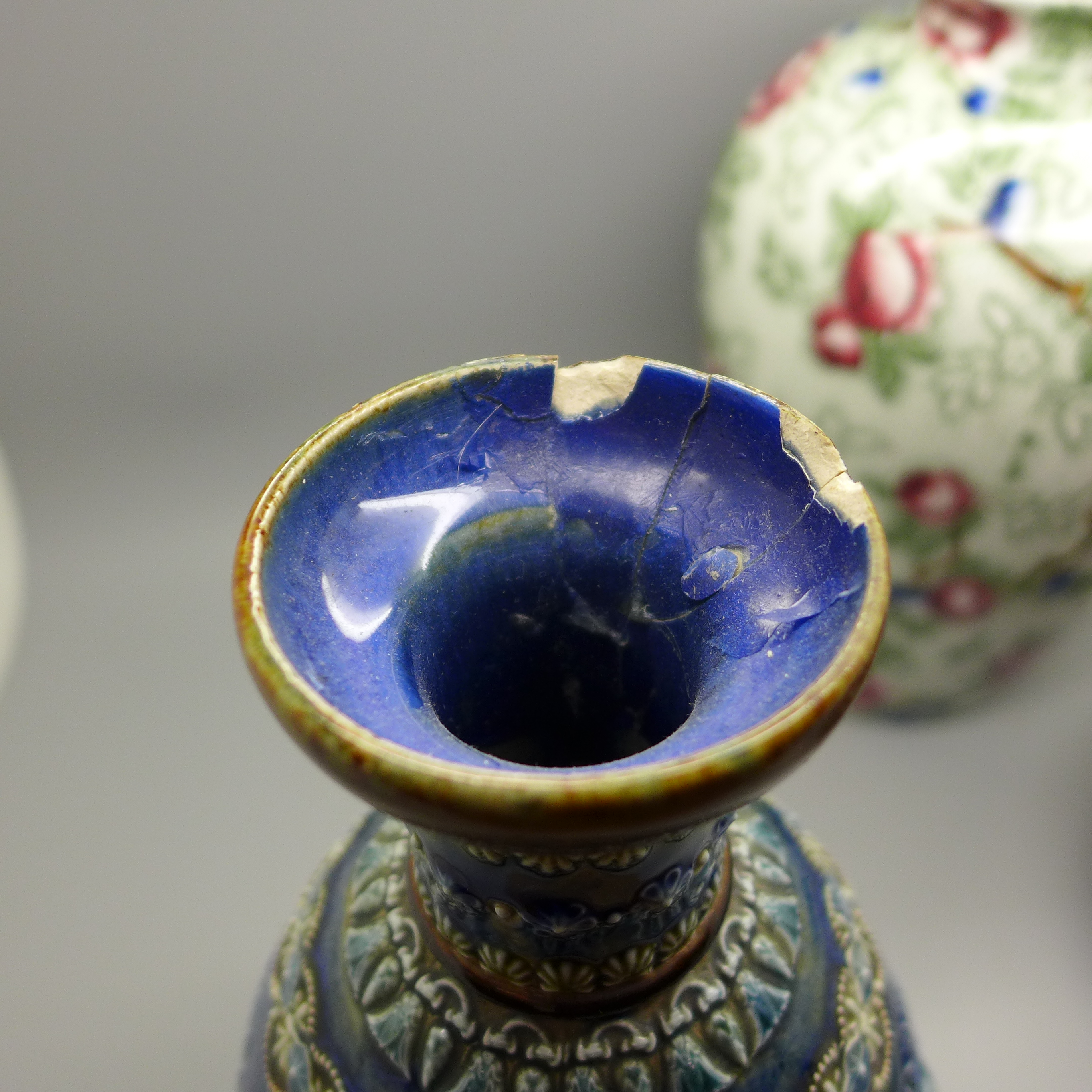 A Doulton Lambeth stoneware vase, a Doulton Burslem vase, a Moorcroft small bowl, all a/f and an - Image 6 of 13