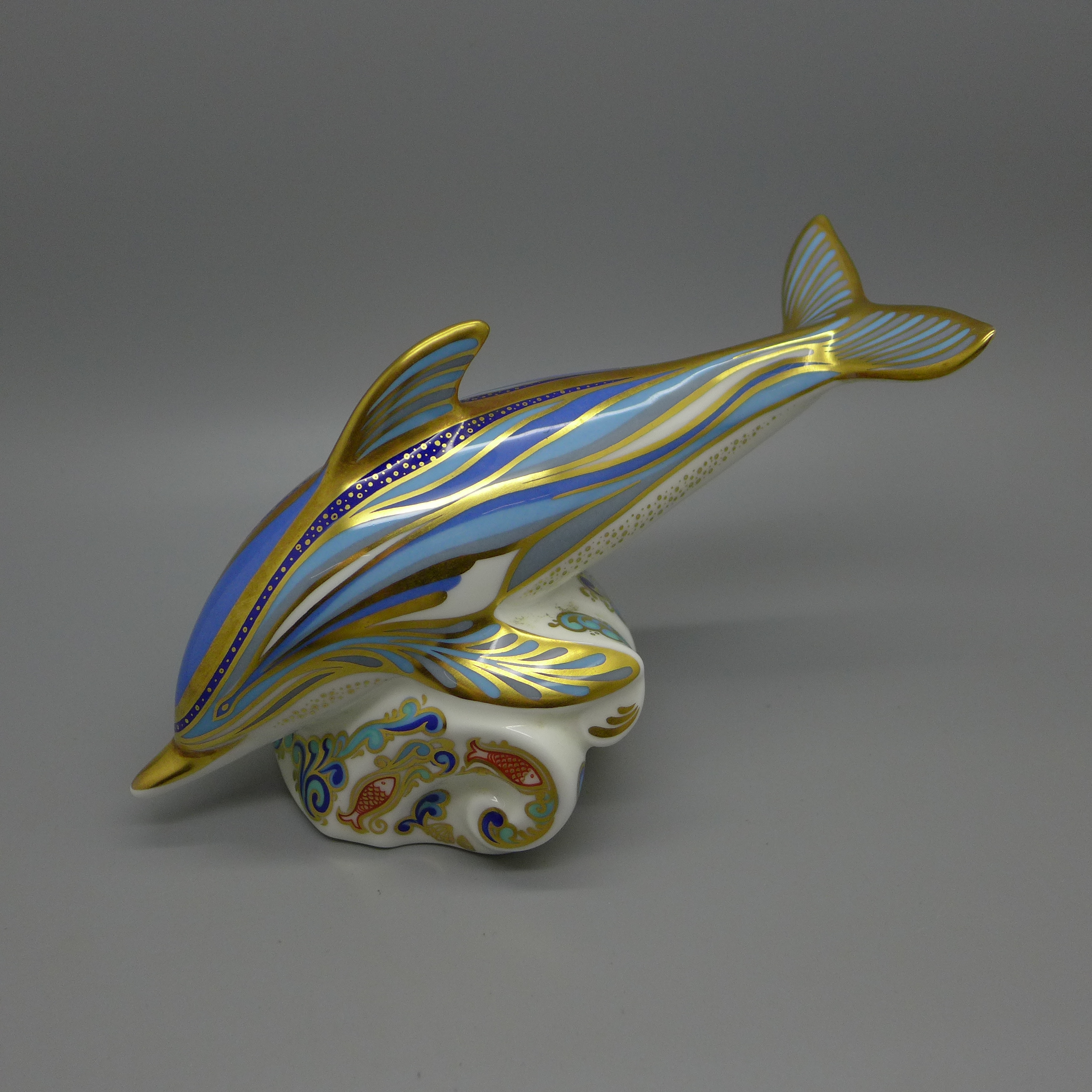 A Royal Crown Derby paperweight - Striped Dolphin, Gold Signature Limited Edition of 1500,