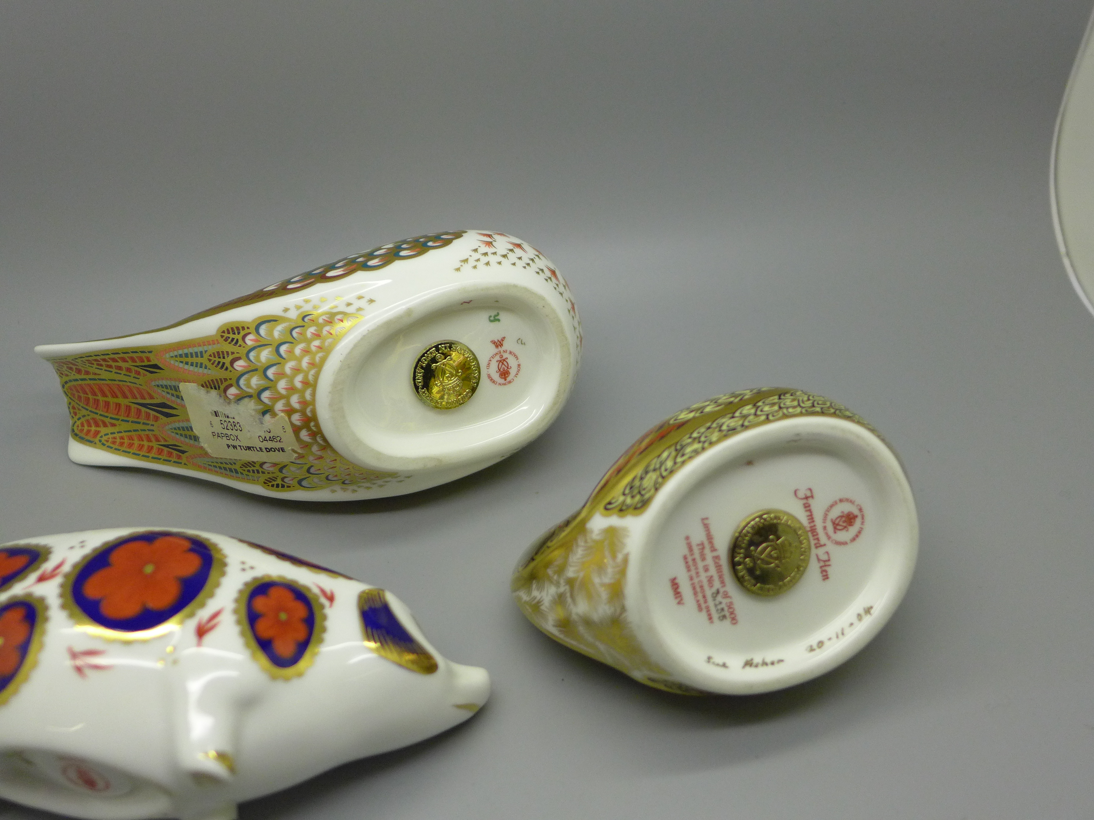 Three Royal Crown Derby paperweights - Farmyard Hen, 3,155 of 5,000, gold stopper, signed and - Image 3 of 4