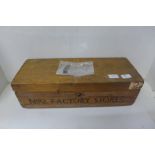 A wooden box with key, No. 2 Factory Stores, 50cm x 18.5cm, also marked inside Wages Office, with