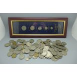 Half-crowns and 3d coins, approximately 100 and framed coins