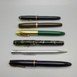 Four pens with 14ct gold nibs, 2x Parker Duofold, Summit and Sheaffer, an Osmiroid 65 pen and a