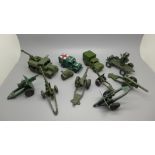 A collection of Dinky Toys die-cast Field Guns and other military vehicles