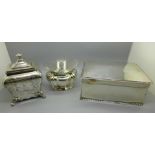 A silver plated tea caddy and cannister and a plated box