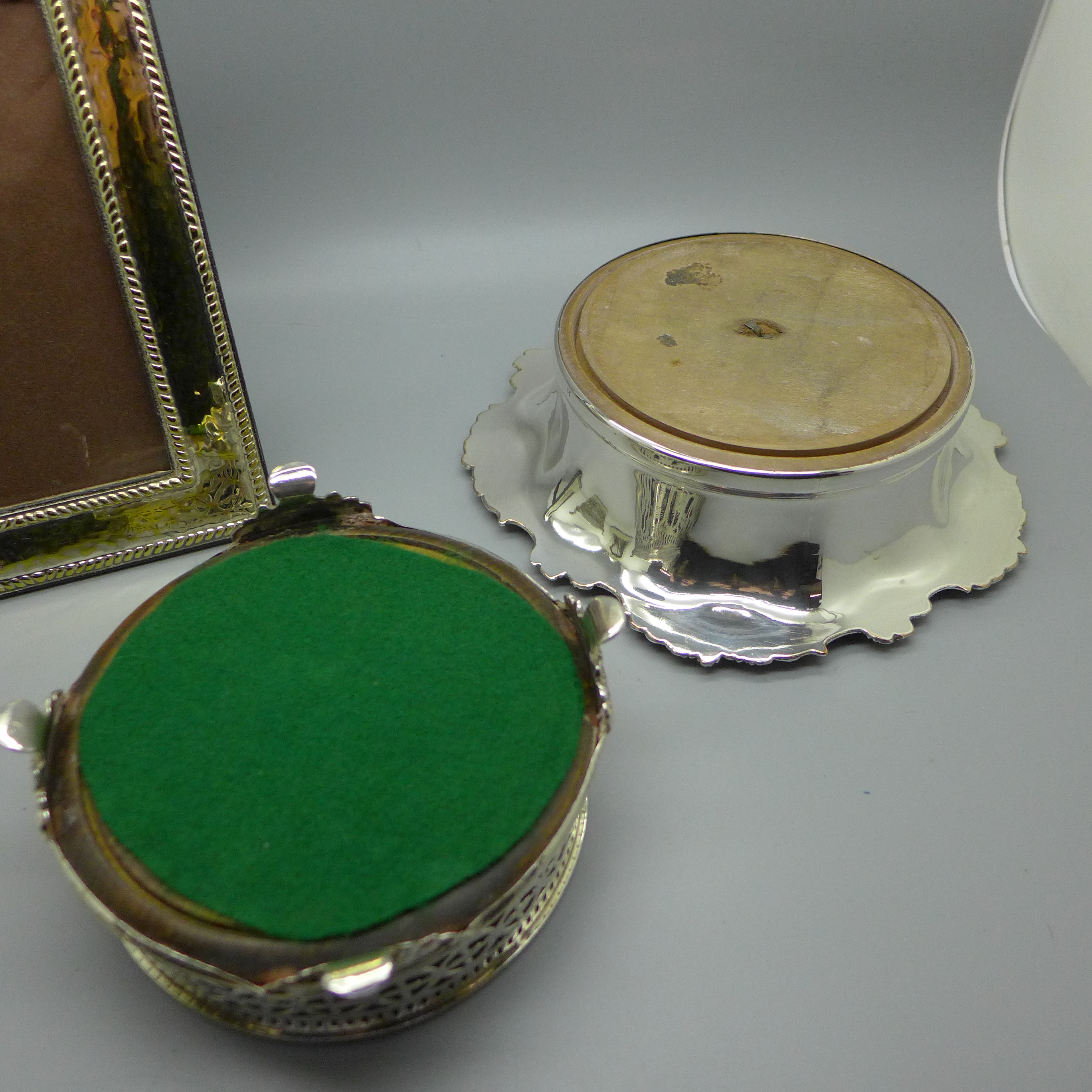 A 19th Century plated wine coaster with silver centre, a plated wine coaster and a plated photograph - Image 3 of 4