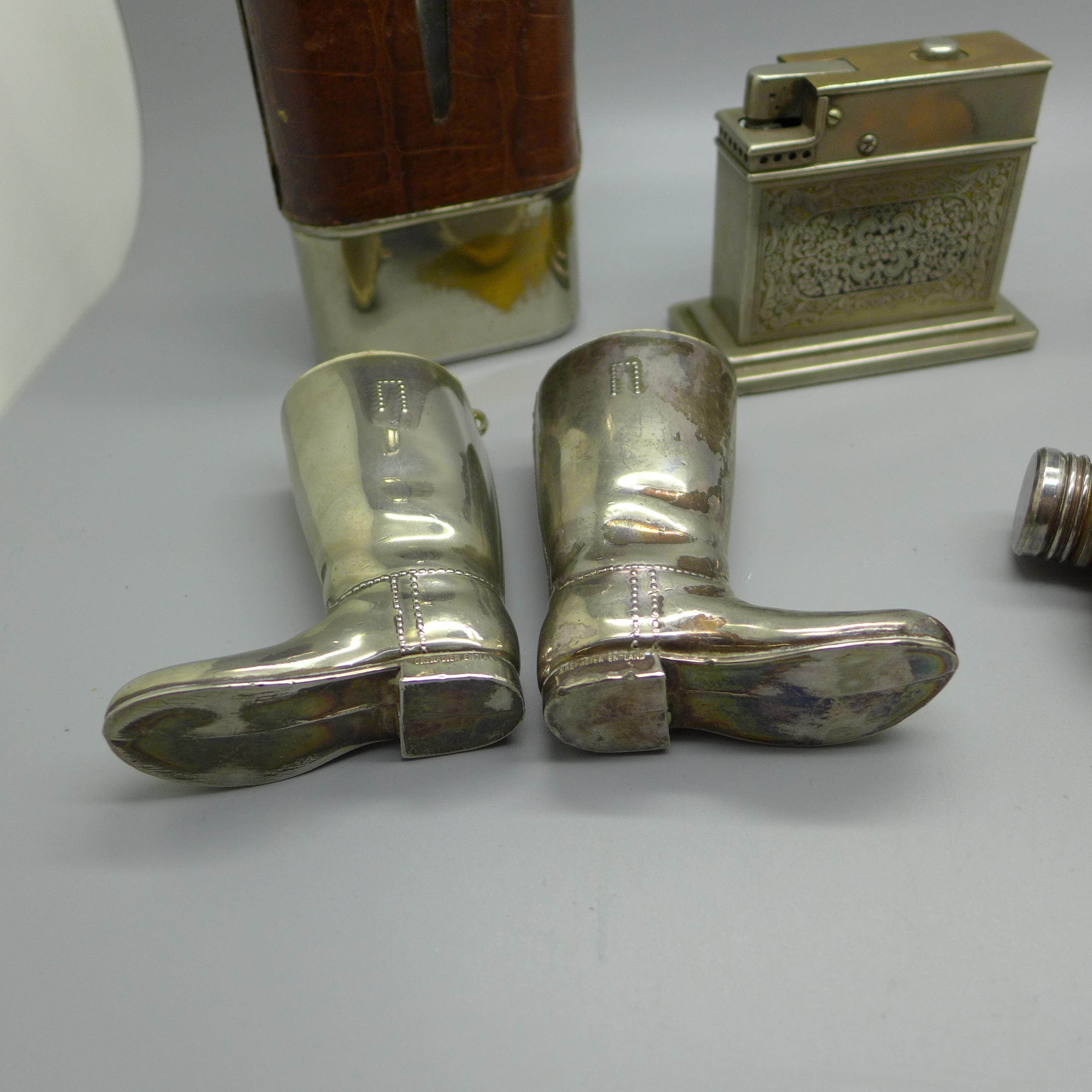 Three hip flasks, with silver plated cups, two Wellington boot match holders and a Myflam table - Image 6 of 6