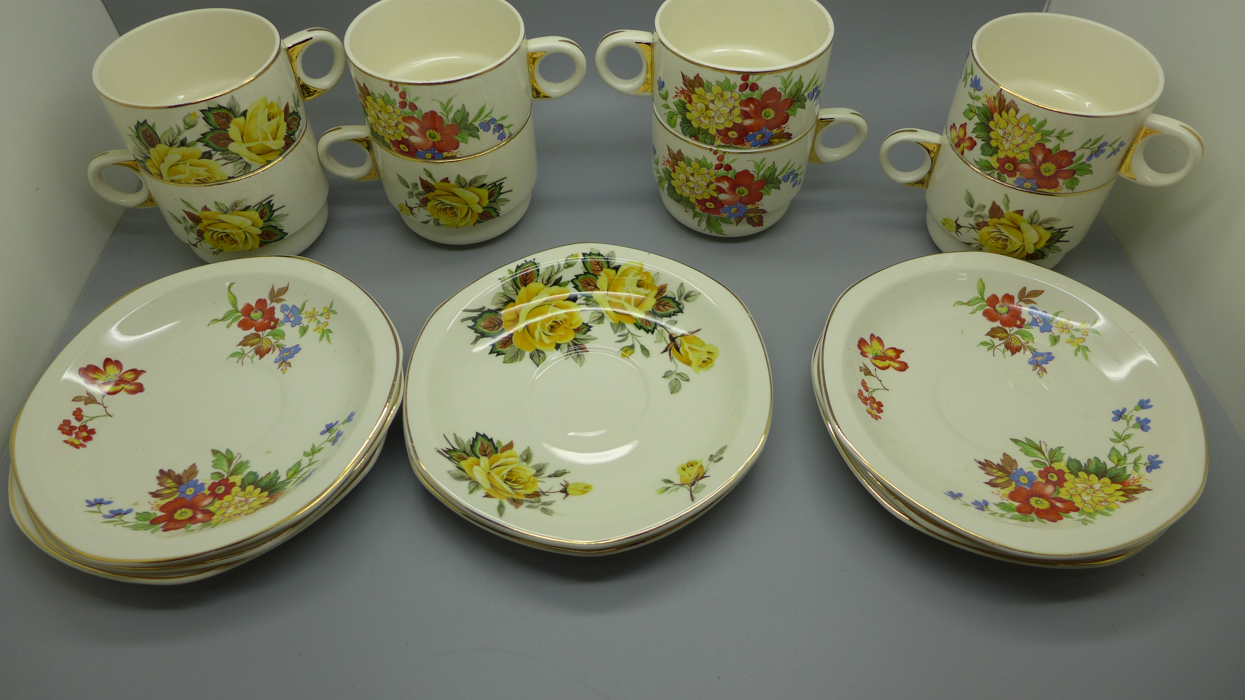 Eight Brexton Pottery cups and saucers decorated with flowers - Image 4 of 4