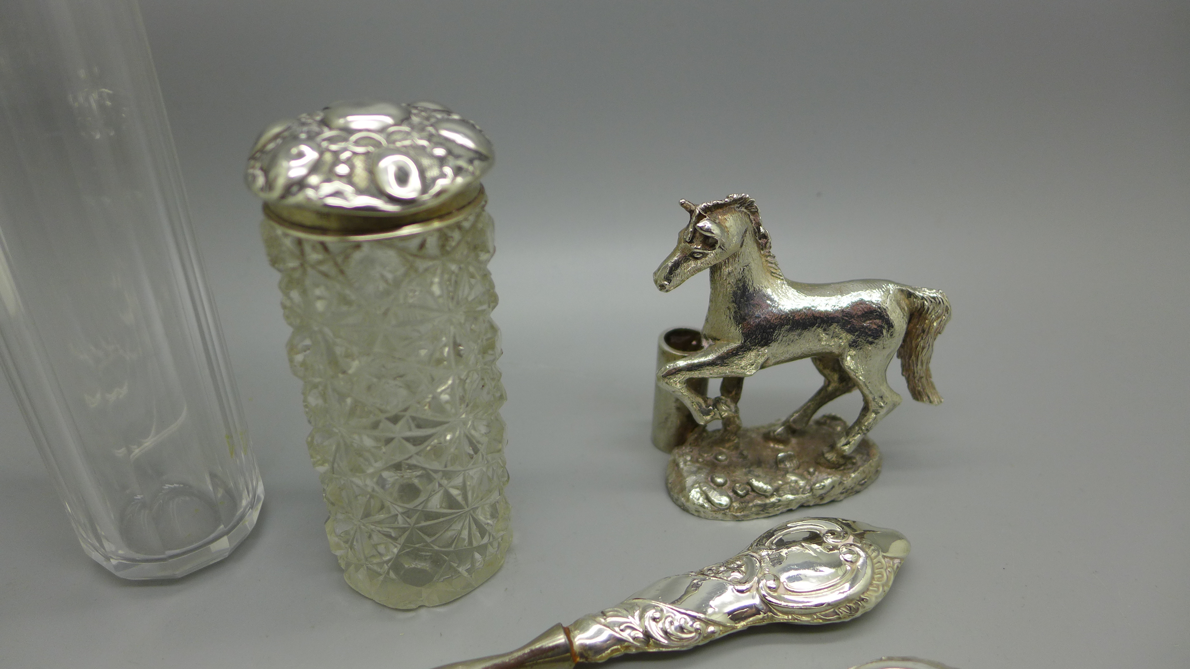 Two silver topped glass jars, one top a/f, two pairs of silver handled glove stretchers and horse - Image 2 of 5