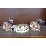 Three Royal Crown Derby paperweights - Crocodile, a gold signature edition commissioned by The Guild