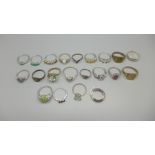 Silver rings including opal and emerald set and two 9ct gold on silver, one a/f