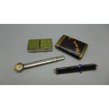 A green stone set stamp box, a propelling three colour pencil, a metal compass/pencil holder and a