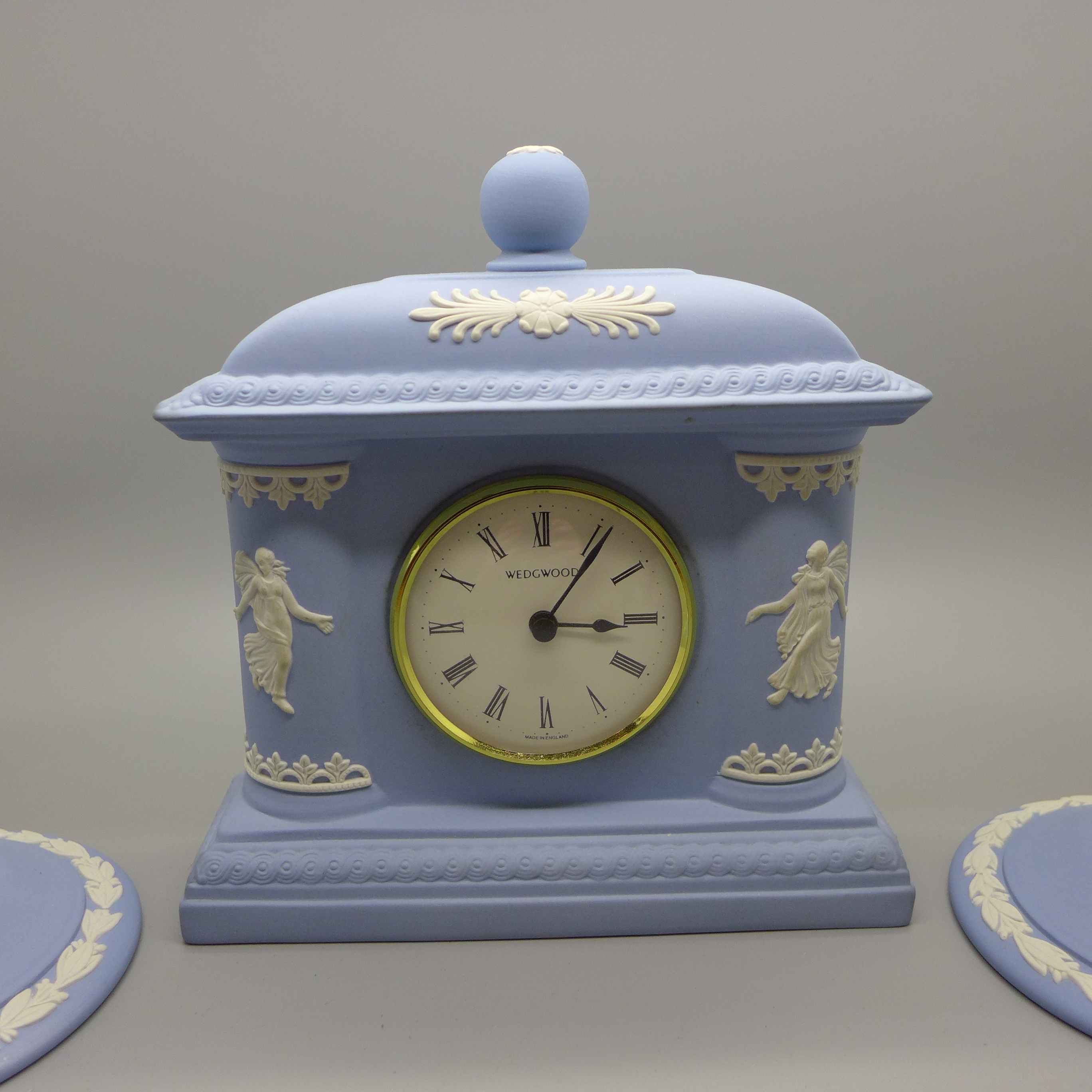 A Wedgwood Jasperware The Dancing Hours clock and a pair of candlesticks - Image 2 of 5