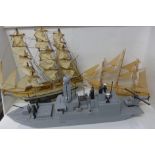 Three model ships; two sailing ships and one Lego style Royal Navy type 41 destroyer with box