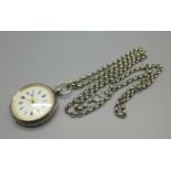 A 935 silver fob watch on a silver chain, chain 28g, chain 75cm