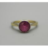 A yellow metal and pink stone ring, 2.2g, J