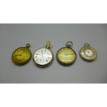 A gold plated Record pocket watch and three others, one lacking glass and loop